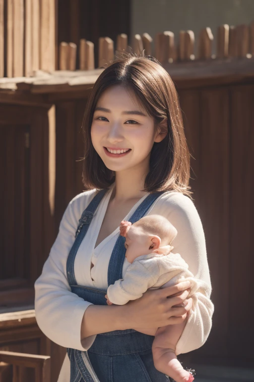 Close-up of beautiful korean woman, 34 inch chest size, High ponytail , Smile, Wear a vest, holding smiling baby, at the fair, Ultra high quality