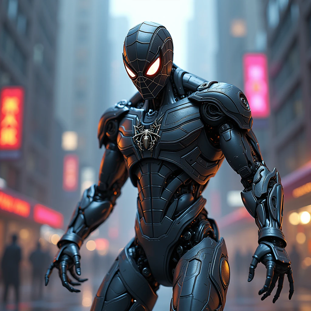 a cyberpunk spider man blue colors, face looks like real spiderman , looking at the camera, cinematic picture, futuristic back ground , sharp, 4k