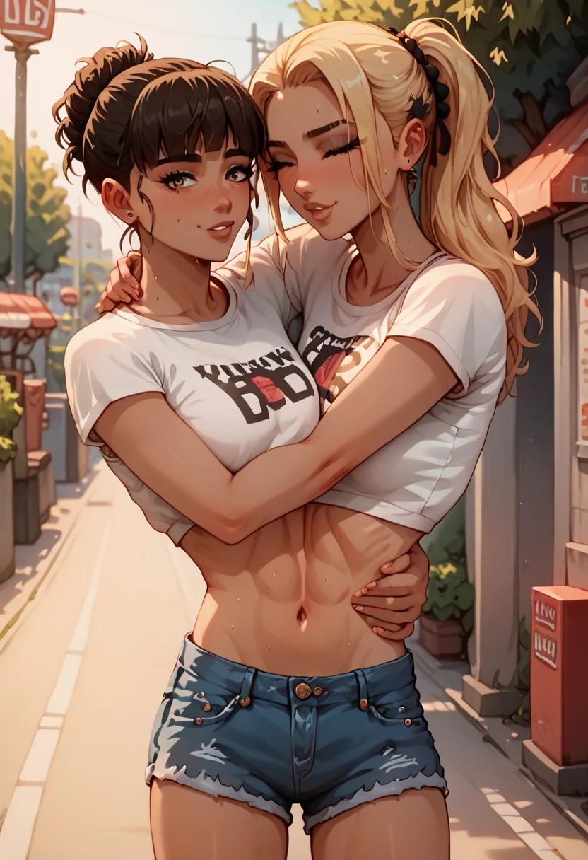 Best resolution, anime girl with two torsos, conjoined , hugging, ,different skin tones,  light skin and Dark skin, different hairstyles, short spiky haircut and long wavy haircut, croptop shirt, denim shorts, street background