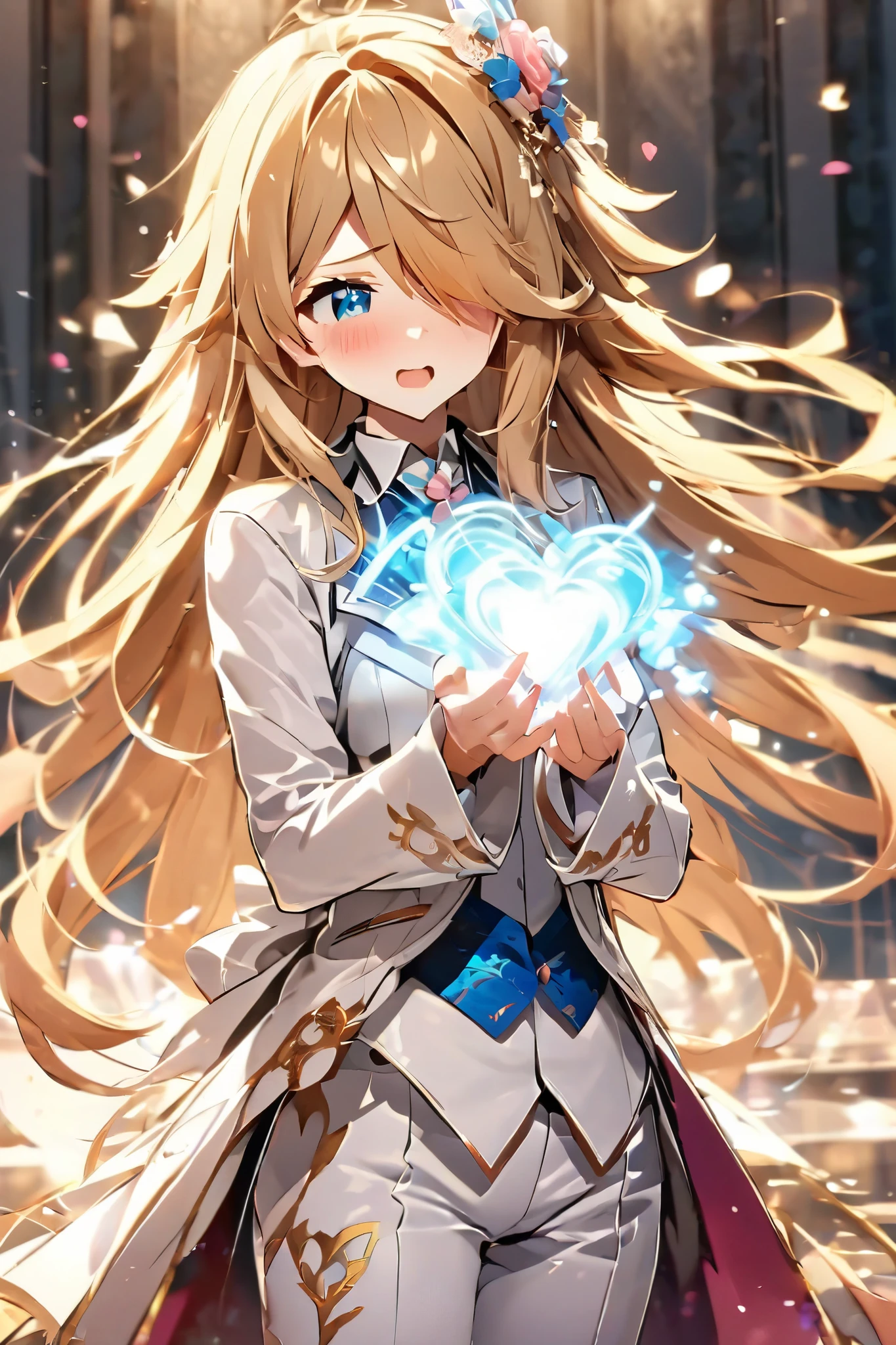 Wedding Style, 1 girl,White Tuxedo, Love confession, heart, pink, magic , high definition , Long Hair, Blonde, hair to hide one eye,