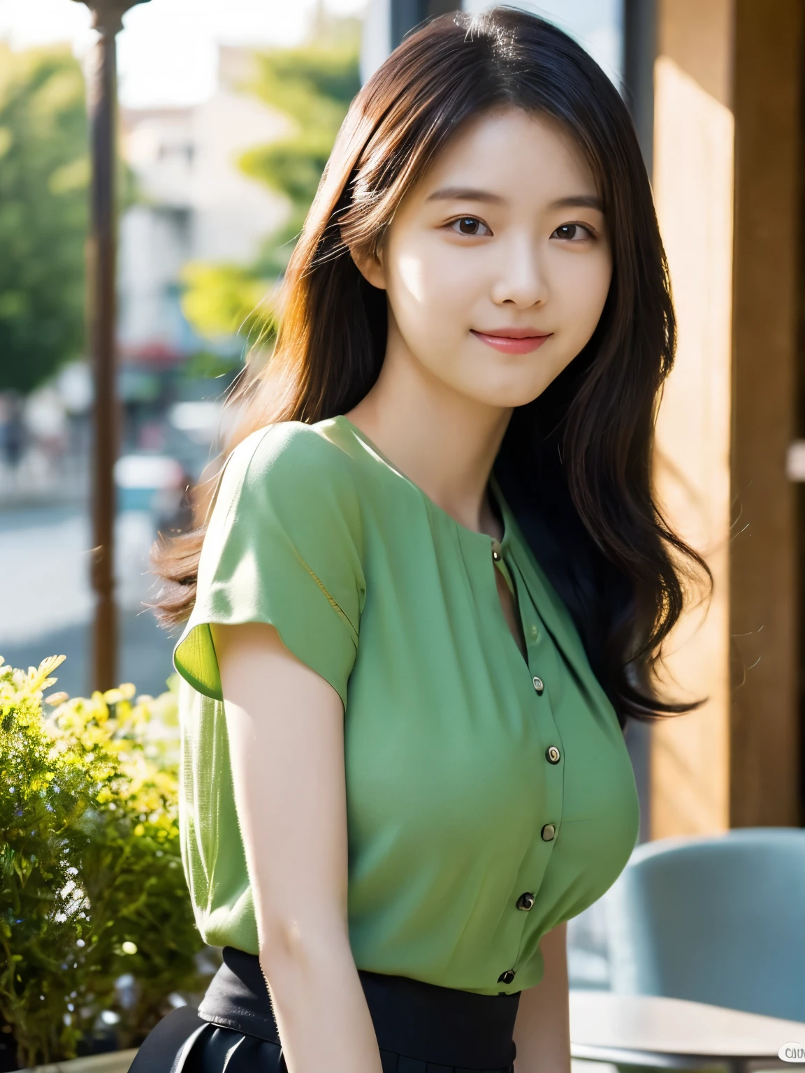 1 girl, (wearing a green blouse:1.2), black short skirt, beautiful japanese actress, (RAW photo, highest quality), (realistic, Photoreal:1.4), masterpiece, very delicate and beautiful, very detailed, 2K wallpaper, wonderful, finely, very detailed CG Unity 8k wallpaper, Super detailed, High resolution, soft light, beautiful detailed girl, very detailed目と顔, beautifully detailed nose, beautiful and detailed eyes, Long hair, cinematic lighting, break, (Against the backdrop of a outside the cafe terrace 1.3), city lights, perfect anatomy, slender body, smile, Face the front completely, (waist shot), (emphasize big breasts), (Random body direction),
