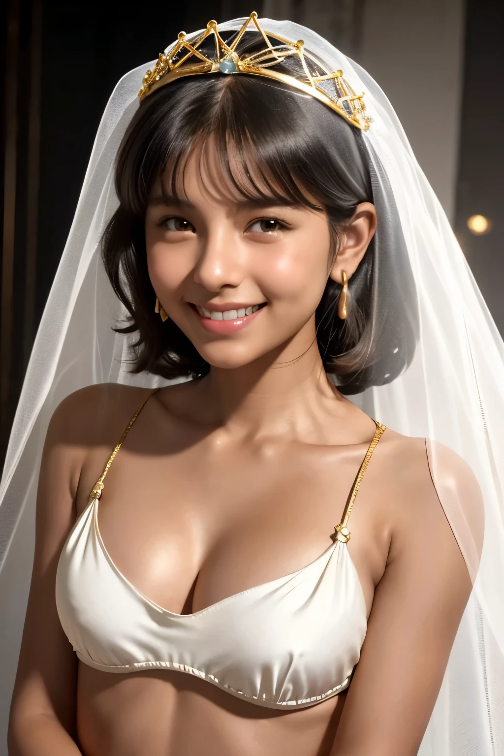 best quality, masterpiece, young latin girl, ((tanned skin)), grin, (silhouette lighting:1.1), (upper body:1.5), medium hair with bangs, medium breast, hourglass figure, oily skin, (white silk micro bikini with gold accents:1.2), ((tiara, face veil), hands down, at church