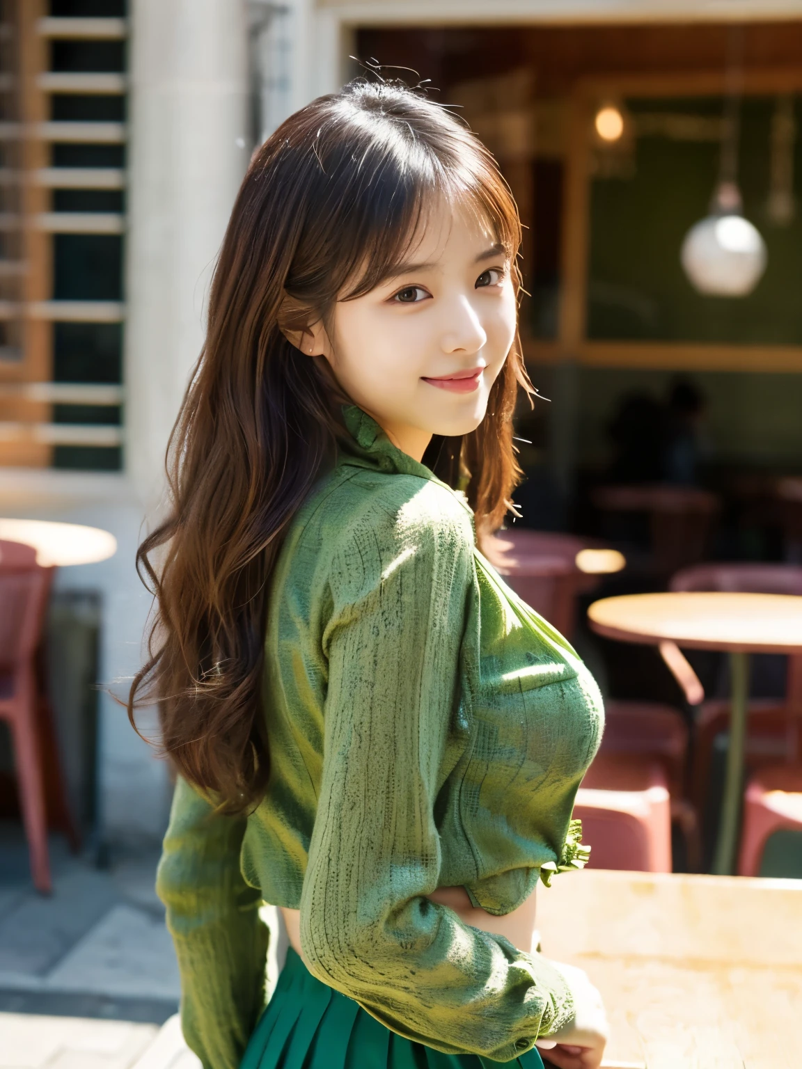 masterpiece, best quality:1.1), (8k, raw photo, photo realistic:1.2, f22), (shiny skin), detailed skin,long hair,detailed face, detailed eyes, smile,BREAK, real world, intricate details, smil, BREAK, 1girl, (green,pants), BREAK, (Makeup room:1.4), BREAK