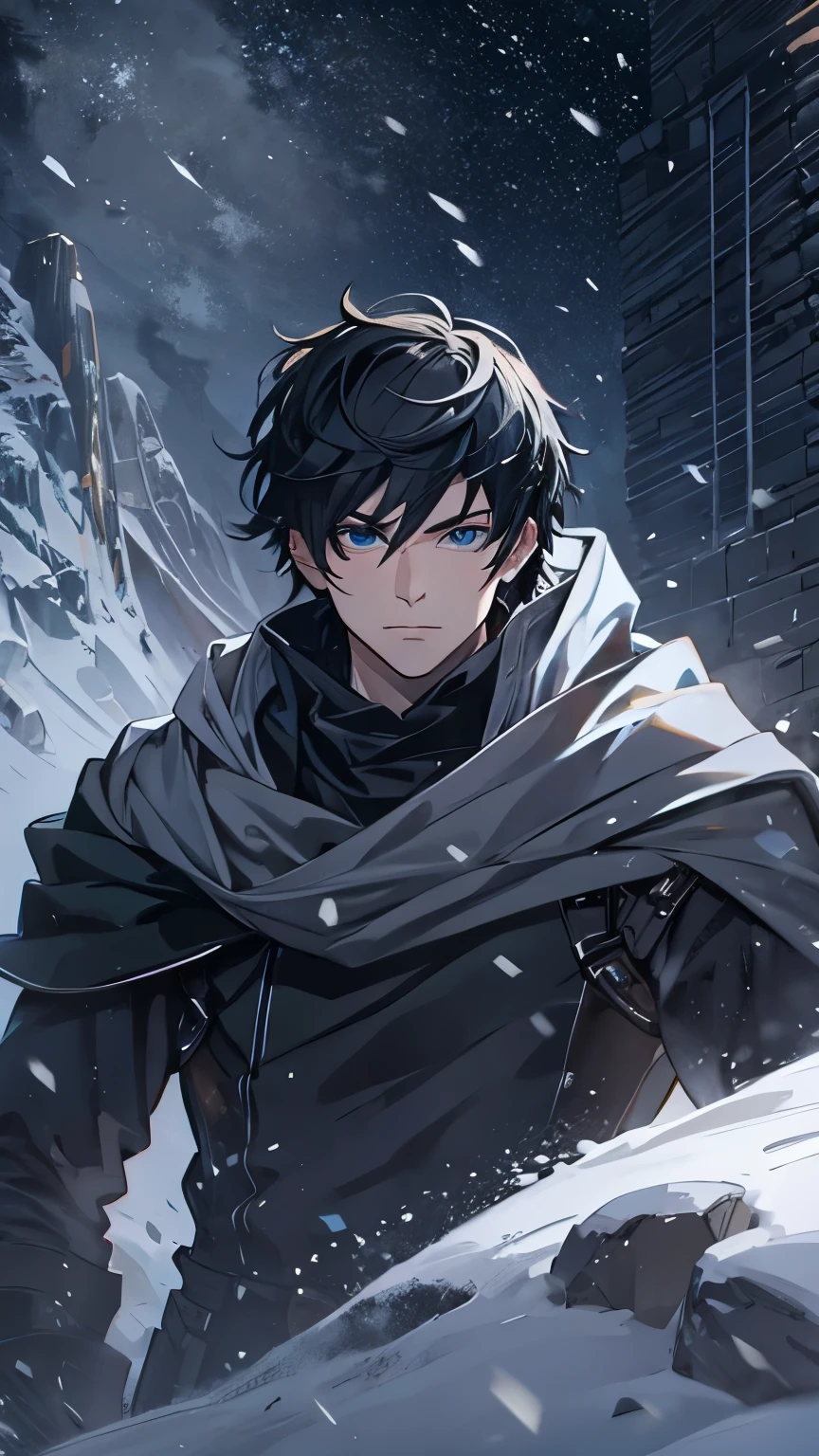  fair-skinned young man ,  short black hair and blue eyes ,  beautiful face,  he wears black medieval clothes and a black winter tunic with skin for snow, wears black gloves, Cold expression, He is on the top of a snowy mountain 