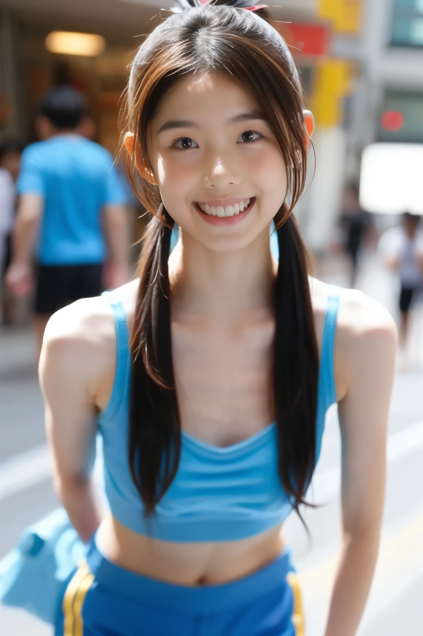 ((Best Quality、8k resolution、masterpiece、Portraiture)), photorealistic, 35mm Film,1girl,3d,asian,bare shoulders,blur censor,blurry,blurry background,blurry foreground,bokeh,breasts,brown eyes,brown hair,chromatic aberration,cosplay photo,crop top,depth of field,focused,hair ornament,letterboxed,lips,long hair,looking at viewer,medium breasts,midriff,motion blur,navel,nose,one eye closed,photo \(medium\),photo background,photorealistic,ponytail,shorts,sleeveless,small breasts,smile,solo,stadium,teeth,twintails