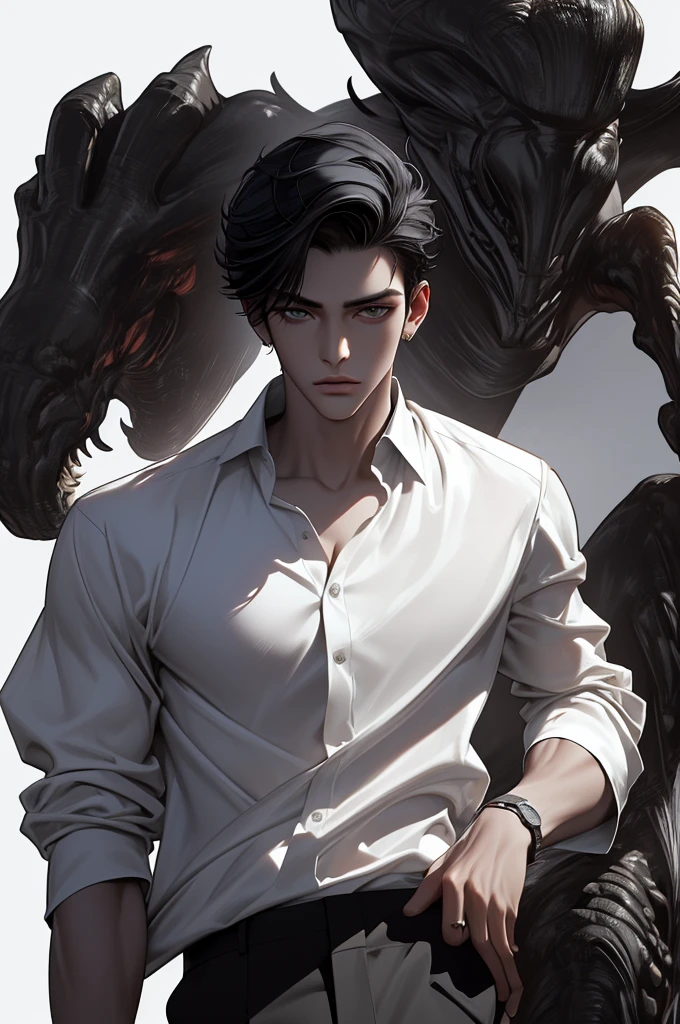 masterpiece, high detailed , 4K, 8k, 32K, complicated, (((1st son))), (( black hair)), (( no background )),  white background,  detailed eyes,  White Shirt and Black Pants,  Handsome Young Man , 20 years old,  Anatomically Accurate Hands ,  modern clothing ,  detailed clothing , ( slim body ), bleach,  Kubo Tight  ,((( Stylish Hairstyle ))), portrait