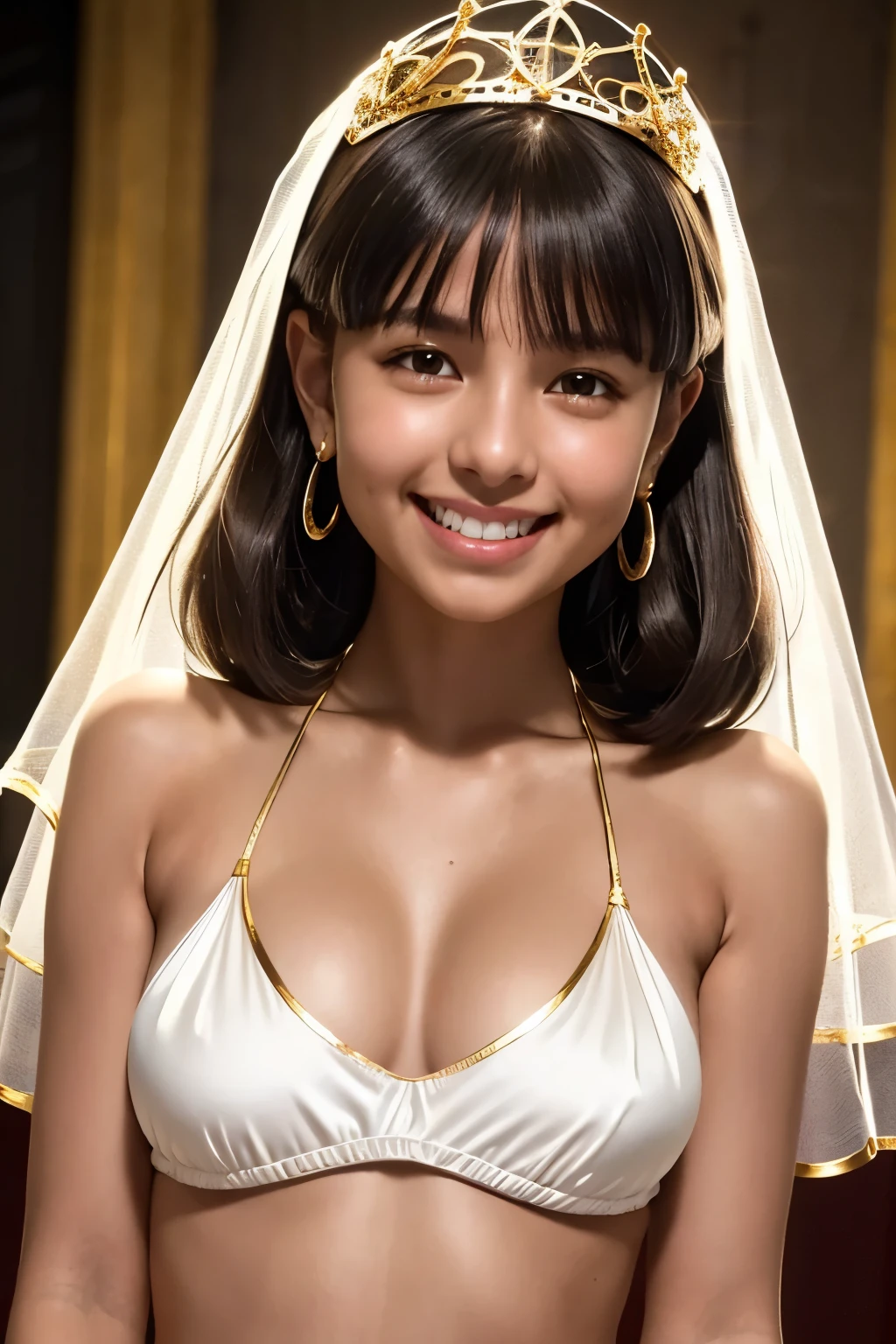 best quality, masterpiece, young latin girl, ((tanned skin)), grin, (silhouette lighting:1.1), (upper body:1.5), low twintails hair with bangs, medium breast, hourglass figure, oily skin, (white silk micro bikini with gold accents:1.2), ((tiara, face veil), hands down, at church