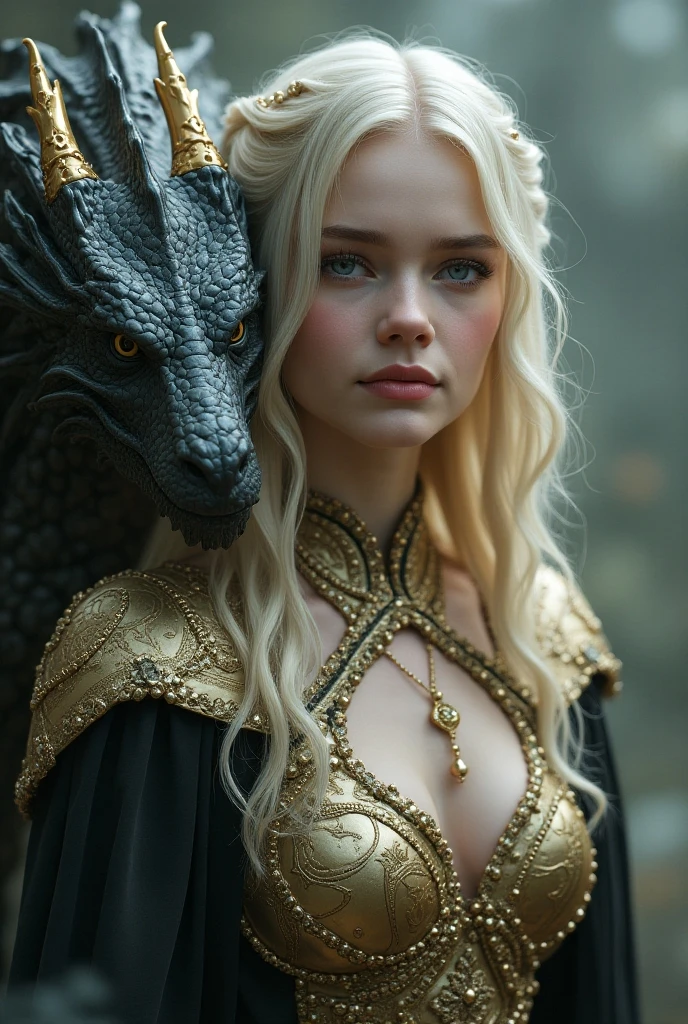 ultra realistic, photography, long white hair, girl, 24 years old, hourglass figure, perfect body, small breasts, Flirty look, she is sitting on a throne, wearing a gold dress, destroyed city in the background, the city is in flames and destroyed, (full body shot:1.1) photorealistic image of a (sitting pose:1.1) woman, full body, wide angle, wide angle shot, her pet dragon at her feet, a bow and arrow next to her throne