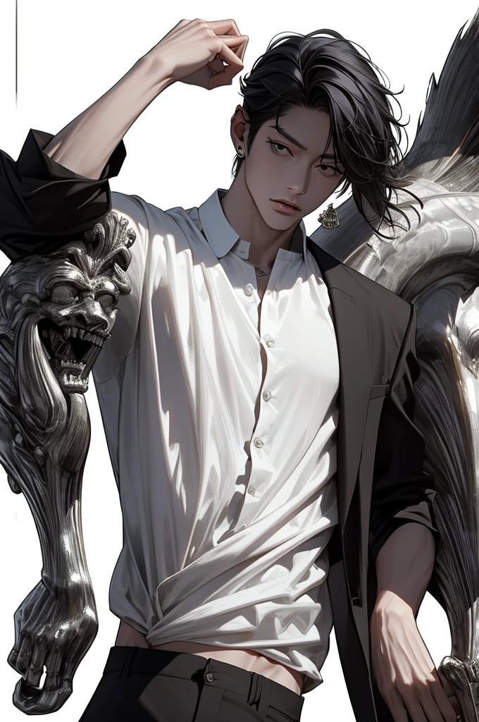 masterpiece, high detailed , 4K, 8k, 32K, complicated, (((1st son))), (( black hair)), (( no background )),  white background,  detailed eyes,  White Shirt and Black Pants,  Handsome Young Man , 20 years old,  Anatomically Accurate Hands ,  modern clothing ,  detailed clothing , ( slim body ),  Hideki Sorachi , bleach,  Kubo Tight , Yone Kazuki , ((( Stylish Hairstyle ))), portrait,  Gray Eyes 