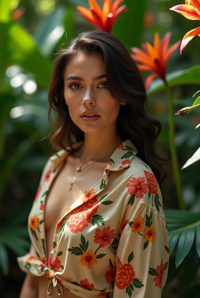 A Brazilian woman in a lush tropical garden, wearing an open shirt with a floral print, with a close-up capturing the harmonious beauty between her breasts and the natural flowers, showing off your natural charm and outgoing personality.