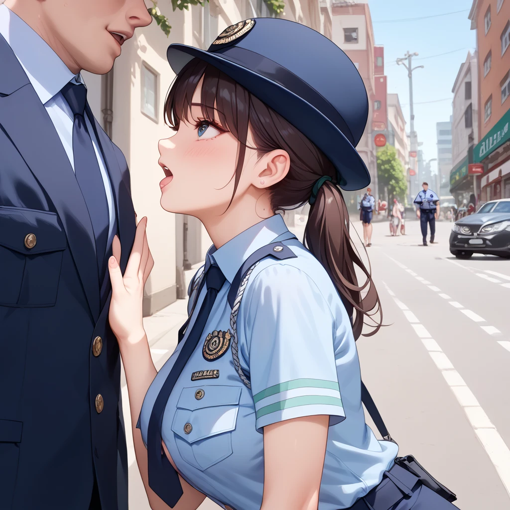 (best quality),(high resolution),nsfw,crowded street,from side,zoom out,1 girl,1 man,girl is wearing a police uniform,She is petite and large breasts,man is feceless male,girl and man face each other,