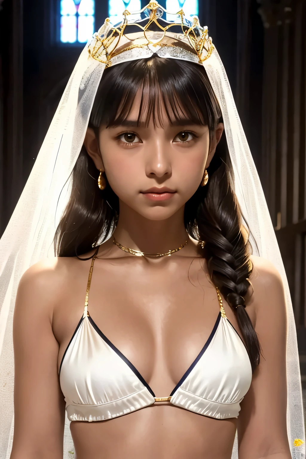 best quality, masterpiece, young latin girl, ((tanned skin)), (silhouette lighting:1.1), (upper body:1.5), low twintails hair with bangs, medium breast, hourglass figure, oily skin, (white silk micro bikini with gold accents:1.2), ((tiara, face veil), hands down, at church