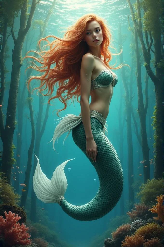 a photograph of a dark red haired mermaid with windswept tresses, her hair entangled like flames against a twilight sky, emanating untamed beauty under the sea, no clothes