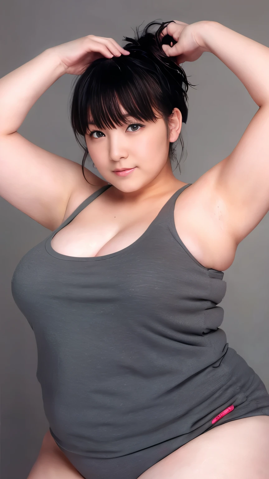 Beauty、Japanese、Big breasts、The grey Tank top is wet with sweat.、Fat women、Blank white background、 Tank top 、 Plump Body 、 big stomach