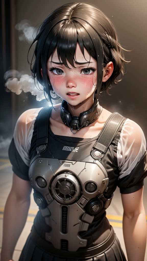  best quality　8k warmachine 　　 elementary school girl　Sweaty face　cute　 shorthair 　 boyish 　 Steam coming out of the head　 my hair is wet from sweat　 black hair