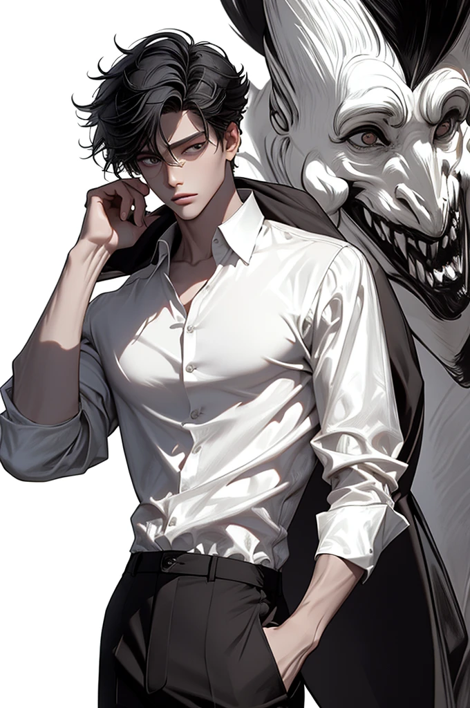 masterpiece, high detailed , 4K, 8k, 32K, complicated, (((1st son))), (( black hair )), (( no background )),  white background,  detailed eyes,  White Shirt and Black Pants,  Handsome Young Man , 20 years old,  Anatomically Accurate Hands ,  modern clothing ,  detailed clothing , ( slim body ), bleach,  Kubo Tight , Yone Kazuki , ((( Stylish Hairstyle ))), portrait,  Gray Eyes , Detailed Eyes, 1 man