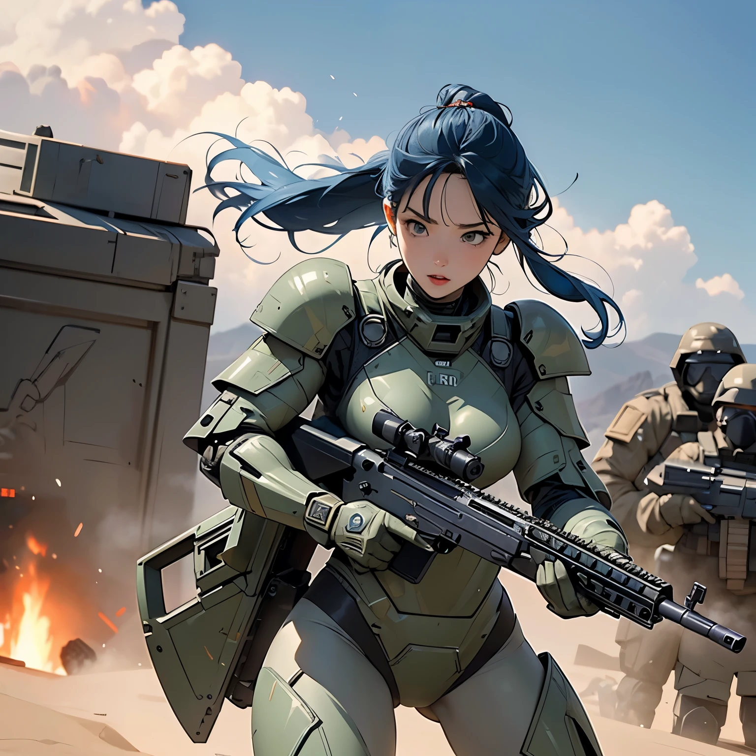 nsfw, anime screencap, 16K, perfect anatomy proportion body, perfect hands, action, A dynamic composition with a sense of speed and movement, (Hold an assault rifle:1.6), a wife, 40age, perfect beautiful delicate sexy face, perfect beautiful delicate drooping eyes, blue hair, updo, large breasts, abs, Camouflage-colored heavy armored steam engine full armor powered suit, Many heavily armored robot soldiers are engaged in a firefight in the background., Flying bullets, Desert Battlefield, war, Post-apocalyptic,