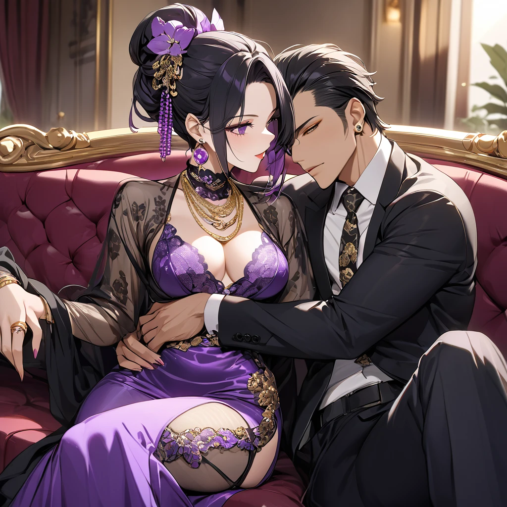((highest quality)), ((masterpiece)), (detailed), (Perfect Face)、The woman is Shinobu Kochou and has purple hair.、(Wear a gorgeous, voluminous, shiny purple see-through wedding dress, a purple see-through wedding veil, and a purple see-through wedding cape.、She wears jeweled earrings and necklaces, bracelets and ankles, jeweled waist chains and head dress chains, a gorgeous, open, detachable, see-through dress skirt, purple shiny high heels, and a gorgeous engagement ring.)、(On a luxurious bed, she smiles and hugs a naked man tightly, kisses him deeply, and pledges her eternal love and loyalty to him.)、((The woman and the man embrace each other tightly, kiss each other deeply, and pledge their eternal love and loyalty to each other. They then have sex and receive vaginal .))、A woman cums screaming as a dick is inserted into her pussy、Men and women climaxing at the same time2She climaxes with a look of pleasure on her face