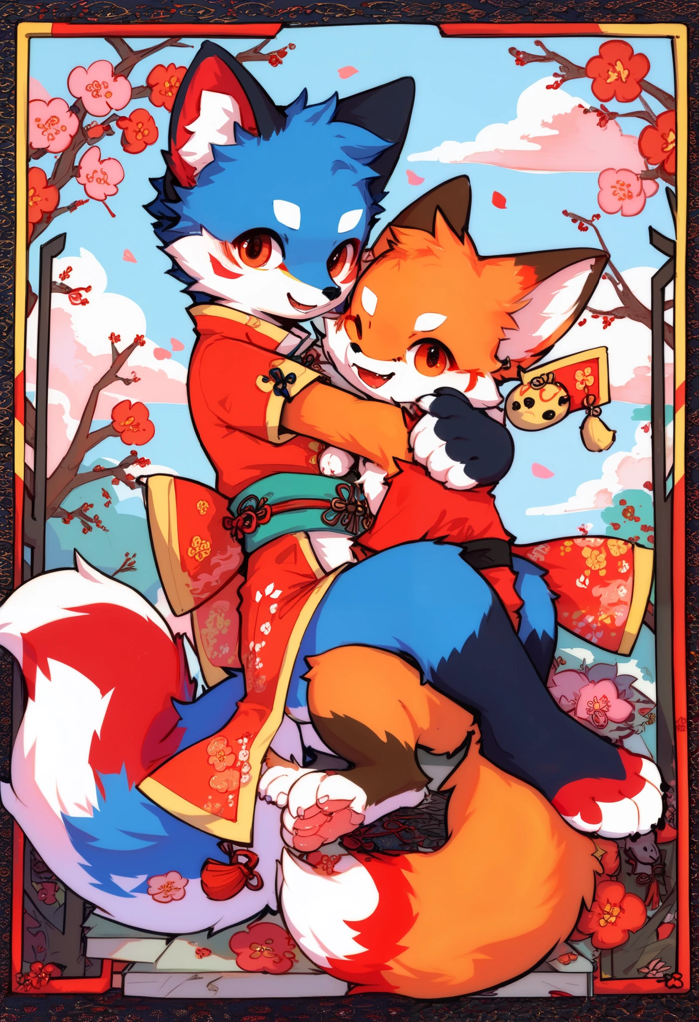  hug，Fox Boy，furry boy， toddlers，Vintage clothing， Traditional Chinese Costumes ， fox woman，furry woman， Traditional Chinese Costumes ，Floating Life