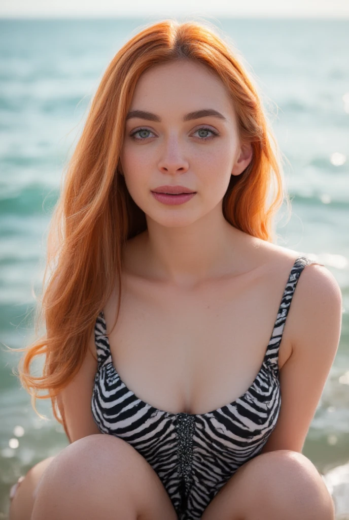 create a orange haired girl, ginger girl, she is in a zebra printed dress , near at the sea, she is pale, she is so beatiful, she has green eyes and ginger hair, she is Irish. she is kinda smiling