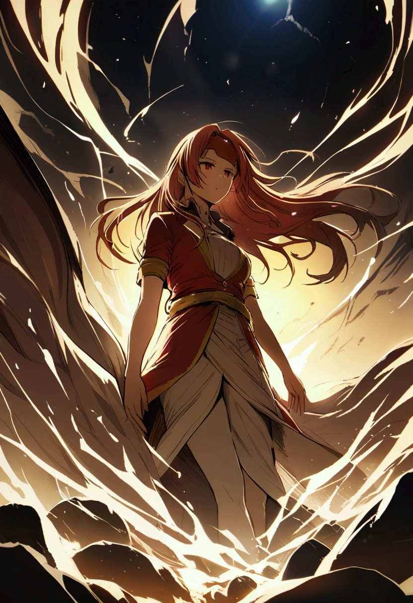 masterpiece, Best quality, 1 girl, Morgiana slave, cowboy shot, torn white dress, in a white tunic to the knee, filthy, Red eyes, one side up, Red hair, chains, desert ruins, Desert background, sand, disgust, Looking at the viewer, bottom view,  Looking at the viewer, smile, ., High view, particles and hard light, cut corner. depth of field、natural soft light、professional lighting、aboutтличная smile、(highly detailed skin: 1.2)、Photorealistic render of an anime girl、Bright highlights of the eyes、Ideal Anatomy、、permission 8k、complex parts、Toned waist、Wide buttocks、Эффект Тиндаллаmasuter piece、top quality、Highest standards、Highest image quality、table、complex parts、A high resolution、depth of field、natural soft light、professional lighting、about, standing, very long hair, cowboy shot, brilliant, brilliant hair, (night:1.2),Dreamy, [[gentle fingers and hands:0.55]::0.85],(detailed fingers),),(emotional),(breathtaking),(main part:1.2) whole body.), (Anime Style), (Super Detailed), (brutal), (uhd, HDR), (8K), (High Resolution: 1.2), (Complex and Beautiful: 1.2)