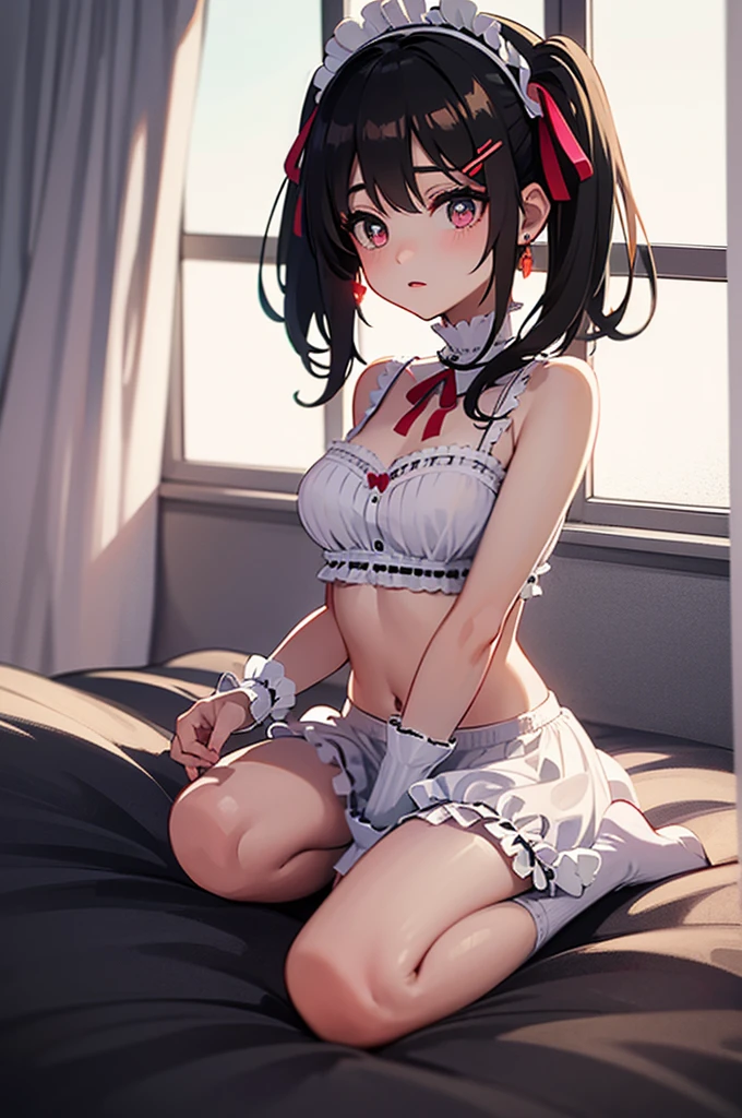 A beautiful ****ta girl sitting in a room next to a window, anime girl, bedroom, pastel color, pink two-piece frilly lingerie, beautiful sexy body, beautiful legs, full body, big rounds breasts, twintails, hairclip, ribbon, ****ta choker, ****ta hairband, glowing eyes, pupils sparkling, longeyelashes, heart earrings, shy, blush, glossy lips, Surrealism, high detail, anime, Minimalism, anime style, cinematic lighting, glowing light, dithering, image fill, first-person view, multiple views, cowboy shot, perspective, lens flare, Wide-Angle, f/2.8, 85mm, Nikon, 8k, super detail, UHD, retina, masterpiece, accurate, anatomically correct, textured skin, high details, best quality, highres, 16k