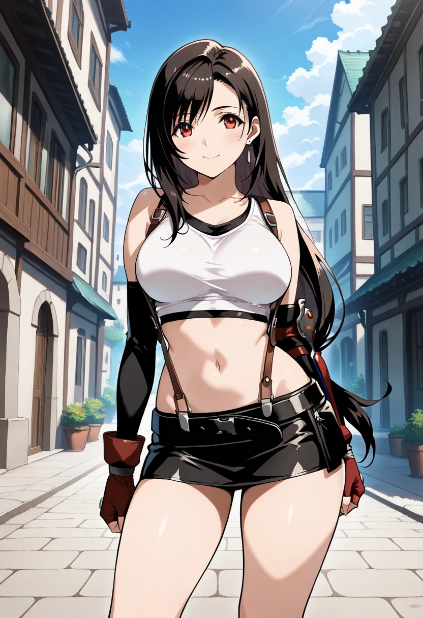 score_9, score_8_up, score_7_up, ,front_view,breast front view,,(soro focus),standing,straight-on,,(hands on hip),,,(upperbody),looking_at_viewer ,1girl, tifa lockhart, final fantasy,(beautiful woman). tareme,black hair, low-tied long hair, red eyes, bangs, white tank top,gap, belt, pleated skirt, thighhighs, elbow fingerless gloves, elbow pads, midriff, navel,suspender skirt.zettai ryouiki ,(large_breasts:1),((perky breasts;1,3)),(light smile),slender_waist:1.2 ,Solo,,(daytime and outdoors),(masterpeace),(best quality),((aesthetic,very aesthetic)),,highly detailed,(megami_magazine),(professional lighting),(cinematic lighting),great lighting,