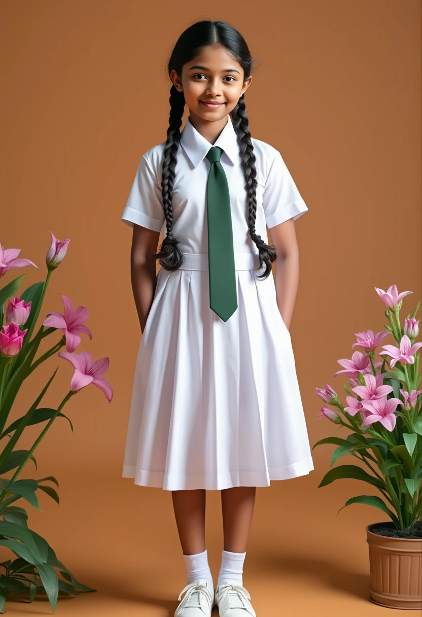 a beautiful cute sri lankan 1 schoolgirl,putting hands in pockets, wearing a white frock uniform, big breasts, white shoes, white socks, full body, braided black hair with plait, with friends, highly detailed, hyper realistic, 8k, photorealistic, masterpiece, studio lighting, cinematic lighting, vibrant colors, intricate details, sharp focus, 3d, volumetric lighting, dynamic pose