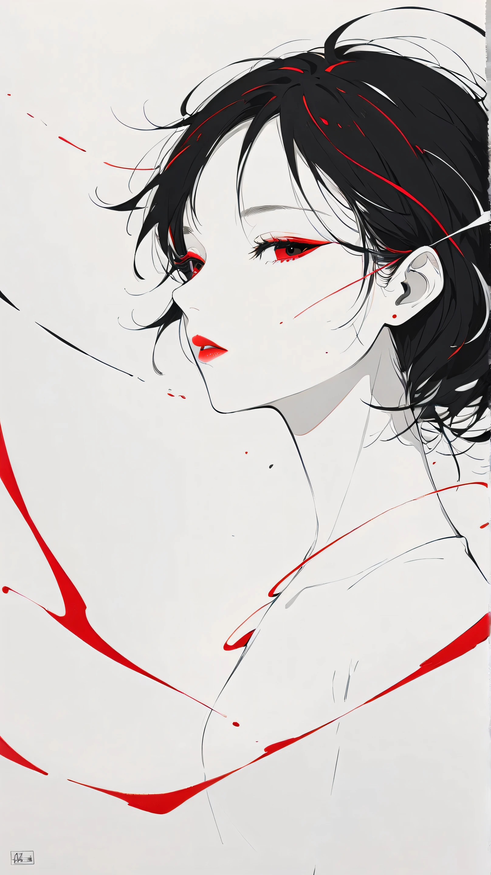 master piece:1.5、(minimal art, line drawing), woman、Black and white art:1.2、lips are red、Black and white world、silence、An ennui look、Densely drawn