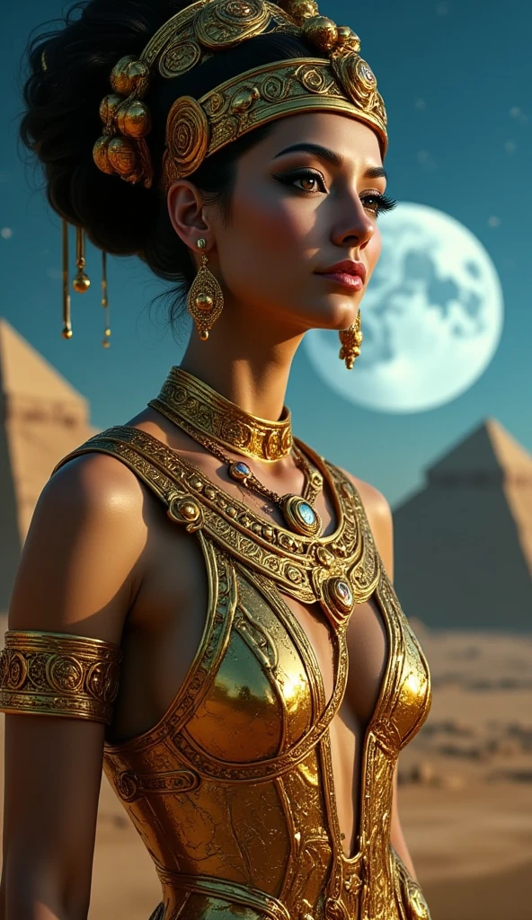 ((masterpiece)) ((photography)) ((Highest quality)) A highly detailed and sensual full-body  illustration of an Egyptian queen, embodying the essence of a goddess and pharaoh. She is dressed in an intricate golden outfit that reveals her figure, with shimmering powder covering her face and chest, giving her a radiant, otherworldly glow. Her expression is both powerful and serene, exuding the strength and beauty of ancient royalty. In the background, towering pyramids rise against a deep blue night sky filled with stars. A large, luminous white moon casts a soft, mystical light over the scene, enhancing the queen’s golden aura and the majestic ambiance of the Egyptian landscape.