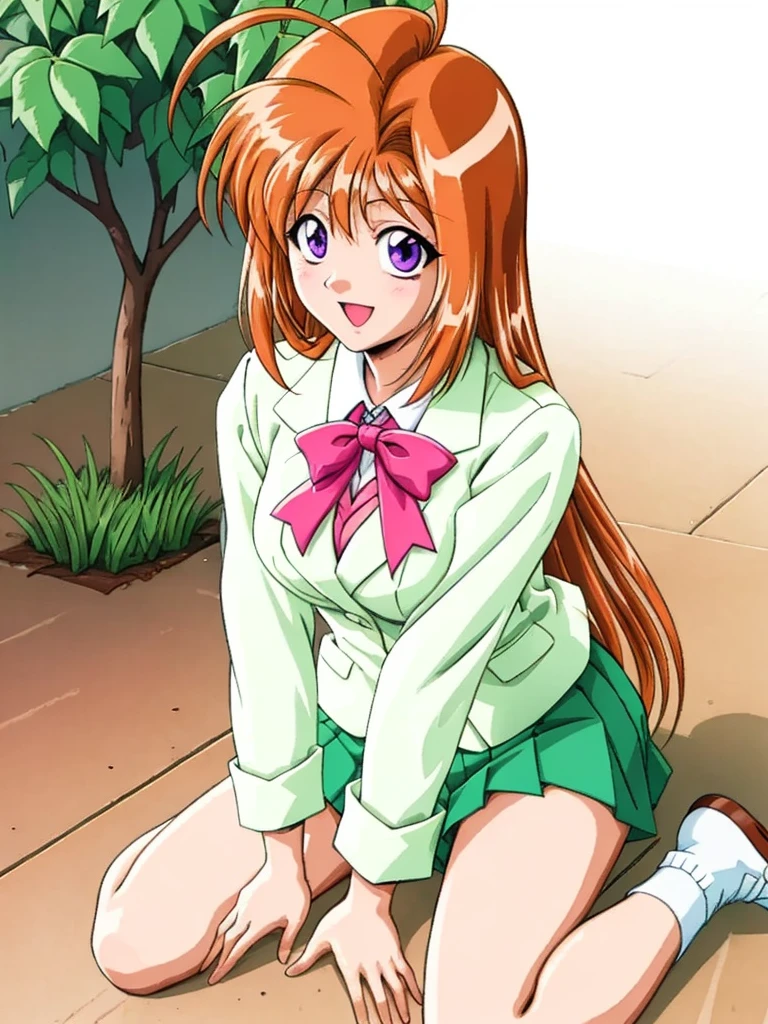 ((masterpiece)),(Best Quality),Official Art,Extremely detailed CG,Unity 8K Wallpapers,Super detailed,Beautiful detailed eyes Highly detailed face,Outdoor,One Girl,Alone,Cowboy Shot,View your viewers,Positive,smile,blush, fruitfulness,Long Hair,orange hair,Hair Intake, ahoge,Purple eyes,School Uniform,blazer,Green jacket with wing collar, Collared shirt,White Shirt,Neck ribbon,Pink Ribbon,Long sleeve,large midium brests,,Green Skirt,Pleated Skirt,White socks,loafers, break, , break, portrait, focus , break, (sitting, wariza), white ,