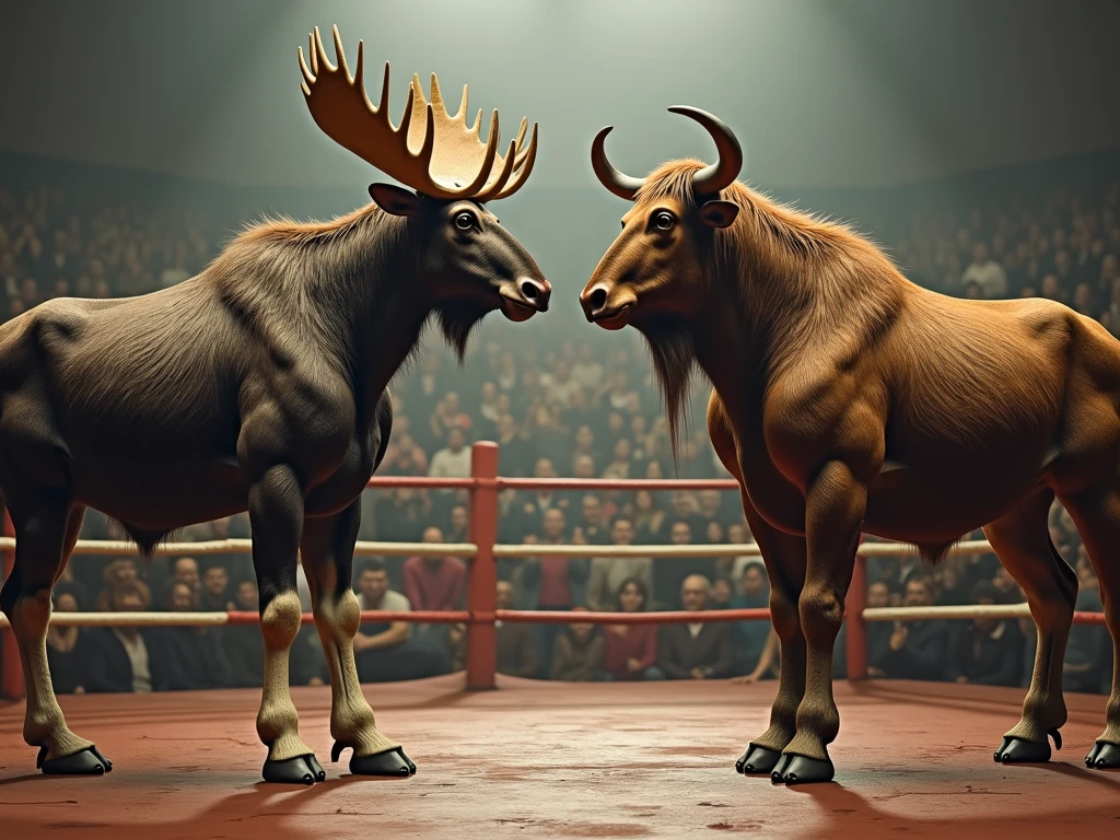 Moose and a bull with a human body, facing each other, the moose and the bull have strong and muscular bodies, the moose with the body and skin of a moose, the bull with the body and skin of a bull, both standing in the center of the boxing ring, both have their arms in a fighting position, the moose and the bull have boxing gloves on their hands, many people in the stands, humanoid
