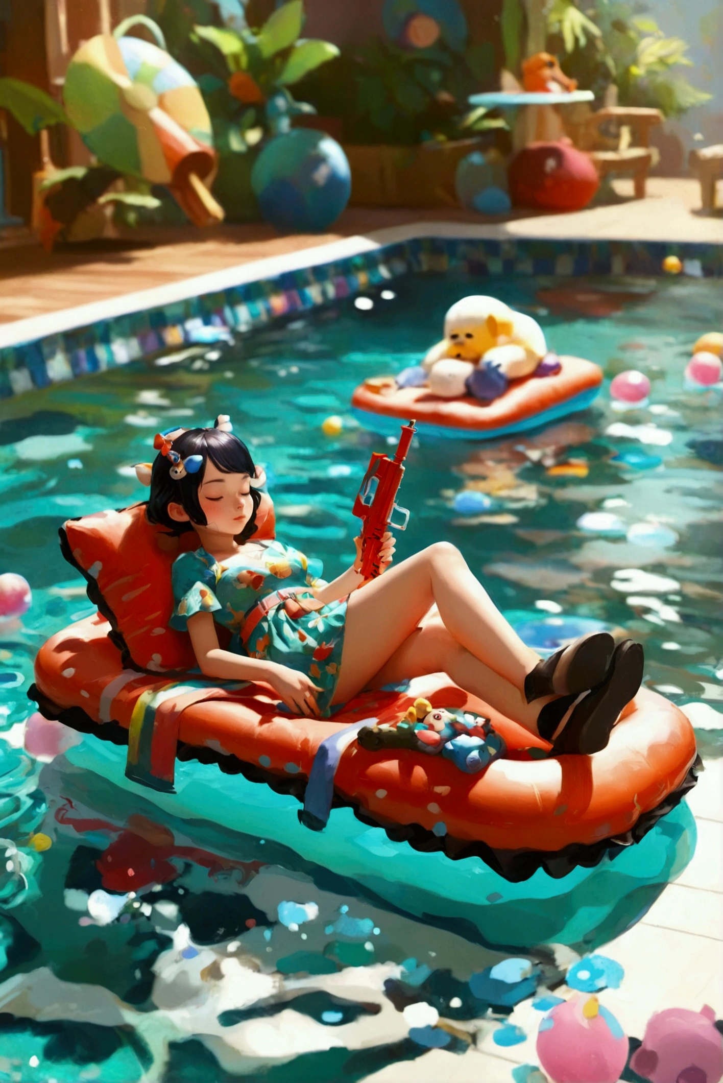  illustration of a chopper sleeping floating in the pool on a raft、Sleeping while holding a water gun 、There are lots of toys floating in the pool 、 low poly rendering inspired by Eiichiro Oda ,  Art Station , Process Art,  dress,  Relaxing concept art ,  cute detailed digital art ,  dress artstyle,  cute 3d rendering , Guweiz-style work , High Quality Fanart ,  Cute Digital Painting ,  fanart best artstation 