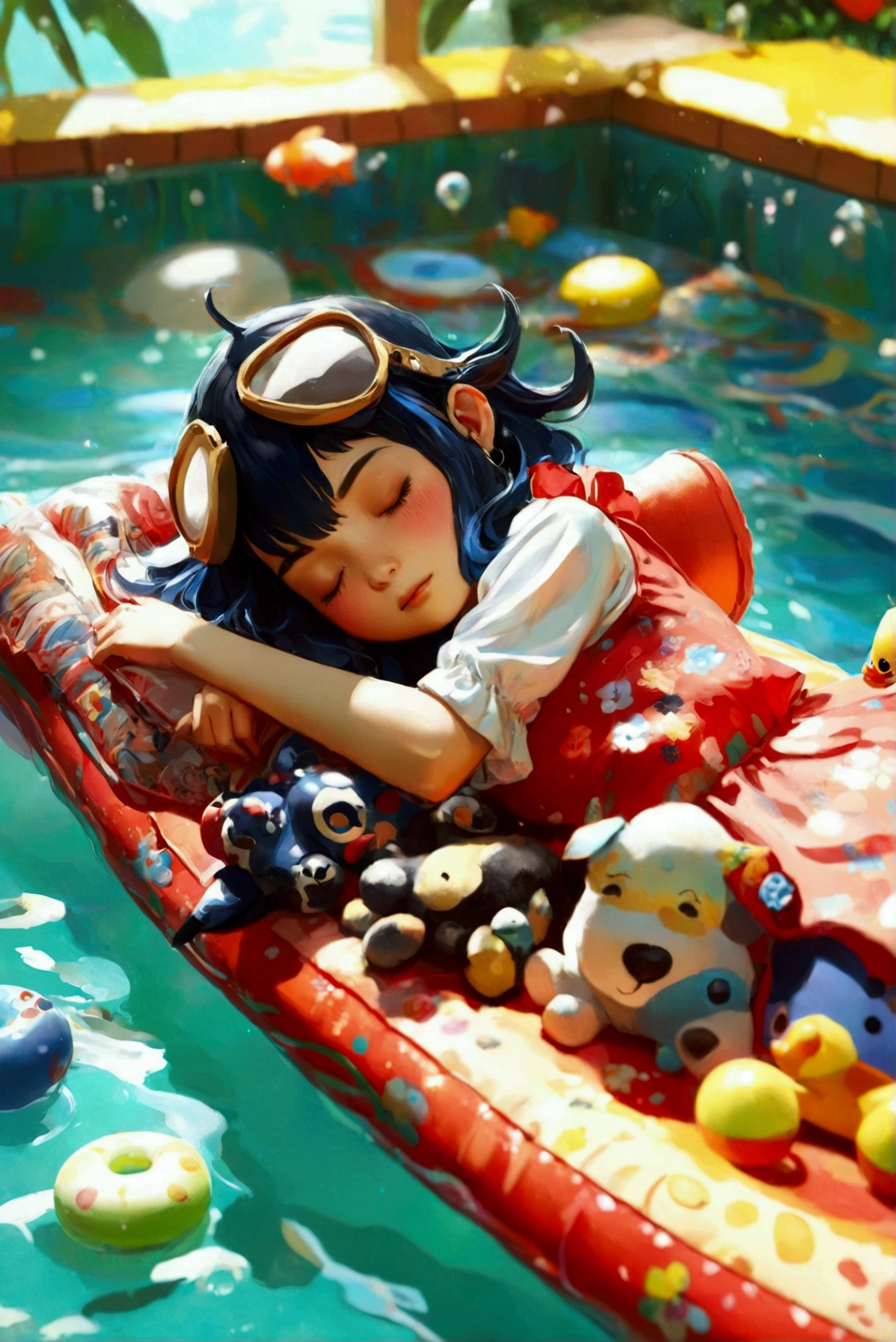  illustration of a chopper sleeping floating in the pool on a raft、Sleeping while holding a water gun 、There are lots of toys floating in the pool 、 low poly rendering inspired by Eiichiro Oda ,  Art Station , Process Art,  dress,  Relaxing concept art ,  cute detailed digital art ,  dress artstyle,  cute 3d rendering , Guweiz-style work , High Quality Fanart ,  Cute Digital Painting ,  fanart best artstation 