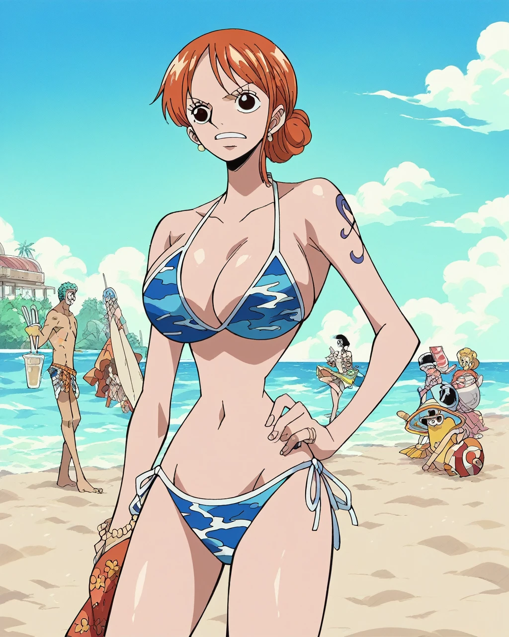  score_9,  score_8_up,  score_7_up,  score_6_up, sauce_Anime, Anime_ style , 2D, We,  one piece We,  beach ,  1 girl, Alone,  Big Breasts ,  bikini,   shorthair , The sunlight is dazzling、 beach パラソル　Middle-aged man　Sneaking up　Harassment