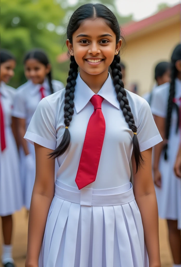 a beautiful cute sri lankan 1 schoolgirl,putting hands in pockets of the frock, wearing a white frock uniform, big breasts, white shoes, white socks, full body, braided black hair with plait, with friends, highly detailed, hyper realistic, 8k, photorealistic, masterpiece, studio lighting, cinematic lighting, vibrant colors, intricate details, sharp focus, 3d, volumetric lighting, dynamic pose