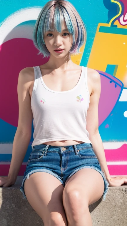 (Super detailed, ultra high resolution, detailed background),((2D)),(( flat color )),(( colorful )),((floating  colorful  water)),super close up of chest, focus on chest, One Girl, alone, Very detailed face, sitting in front of a wall covered in hip hop graffiti, Cyberpunk neon cityscape,Pixie cut white hair, She is wearing a short neon tank top and an open hoodie, denim up shorts, Nice ass, (flat chest:1.2), nsfw 