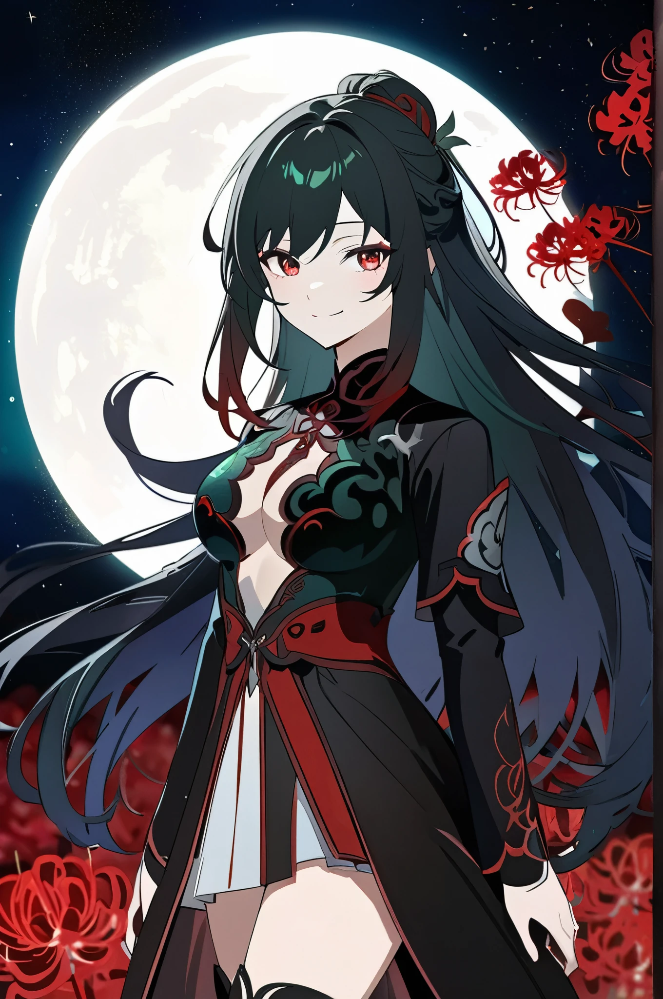 (high-quality, breathtaking),(expressive eyes, perfect face) portrait, 1girl, Symmetrical Eyes, adult age, black hair, red eyes, black and red trim dress, long cloak, knee high socks, boots, medium full shot, cowboy shot, red spider lily, long hair, stylized hairstyle, black background, starry sky, blue lighting, moon background, green field, field of red flowers, nebula sky, jing liu, ren\(character\), positive expression, charming smile, beautiful figure, red petals, C Cup breasts
