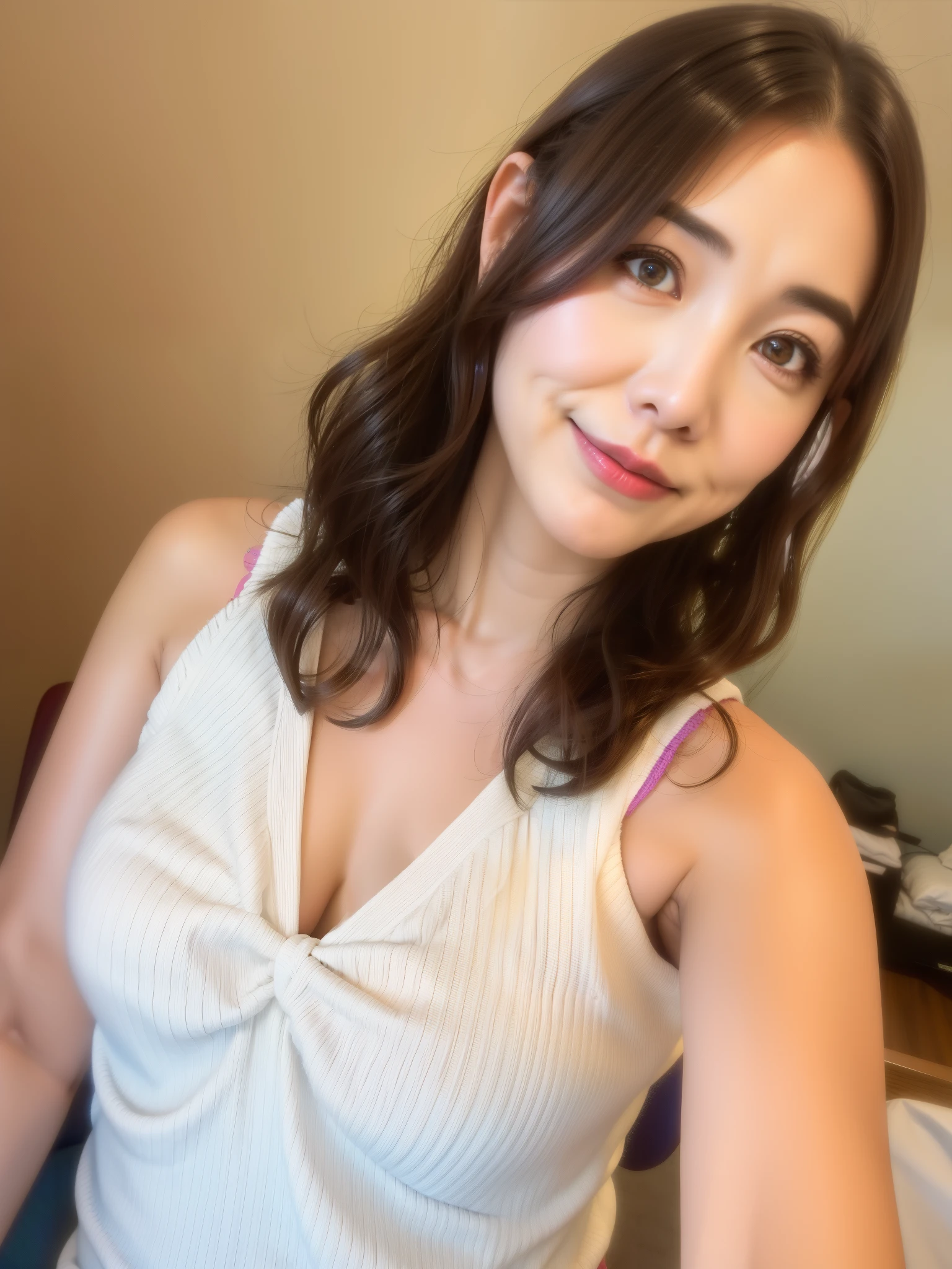 There is a woman taking pictures in the room., Yoshitomo Nara, sakimichan, deayam to whom, Chiho, Takemura Kimi, Translator, Ayami,  monster, Chiho あしま,  wearing a white camisole 