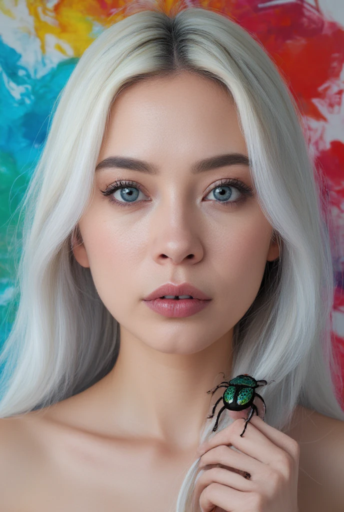 Beautiful supermodel woman with blonde hair, a lock of hair with a slight highlight, blue-gray eyes, mixed medium, undried paint, jewel beetle, colored background, liquid color flowing across her face, photographed by Jingna Chang. --v 6
