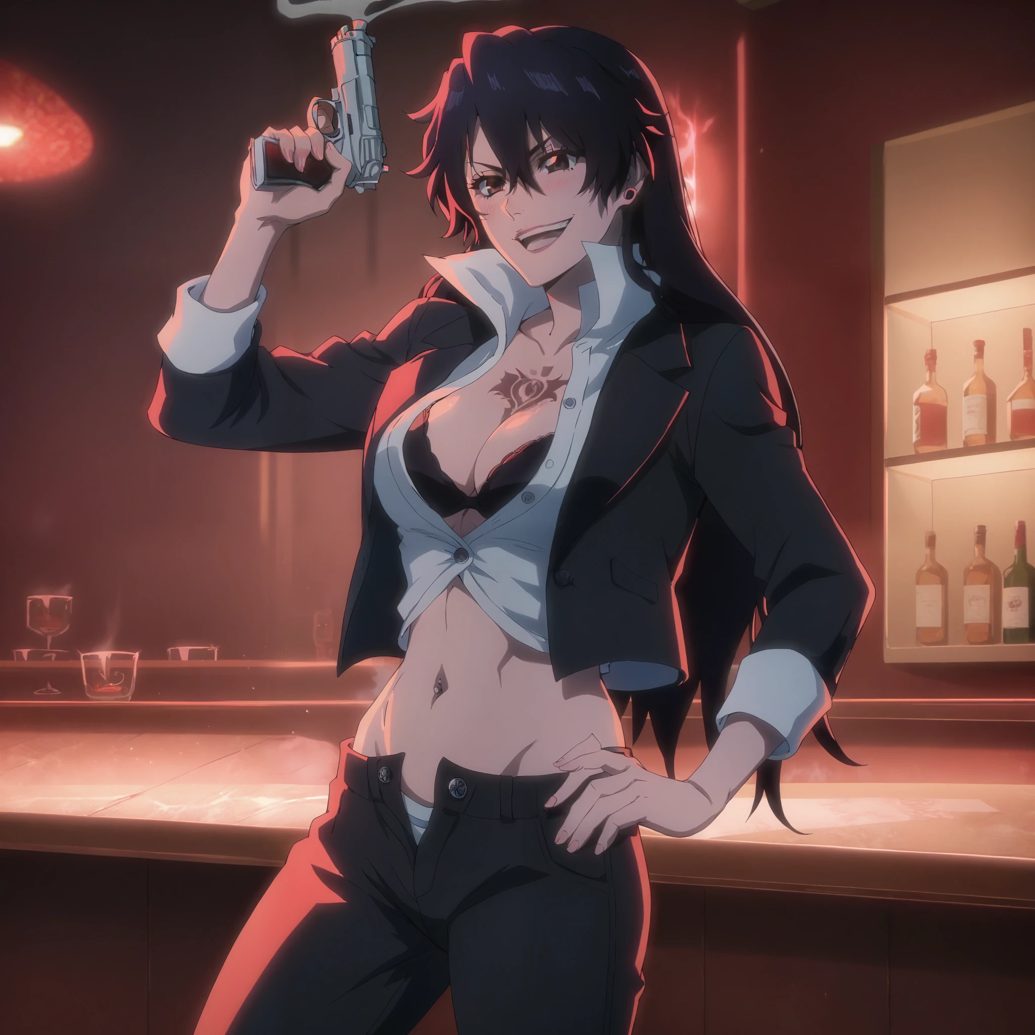 bambietta, 1girl, long hair,hair between eyes,bangs,black hair, ear piercing, long hair, blush, lipstick,Hot girl, baddie, smoking, sensual, attractive ,bar background, inside bar,indoors, long sleeves,
cleavage, jacket, unbuttoned pants, black jacket, black pants, formal, suit, black bra, evil smile, smile,
(nsfw) not safe for work, navel, evil expression, exposed belly, exposed navel, exposed midriff,
exposed lower belly, unbuttoned long black pants, open mouth, holding a gun, holding pistol, open
arms sideway, arms T-pose, smirk, standing, anime girl T posing ,navel piercing, tattoo belly, tattoo midriff, rose tattoo, navel piercing