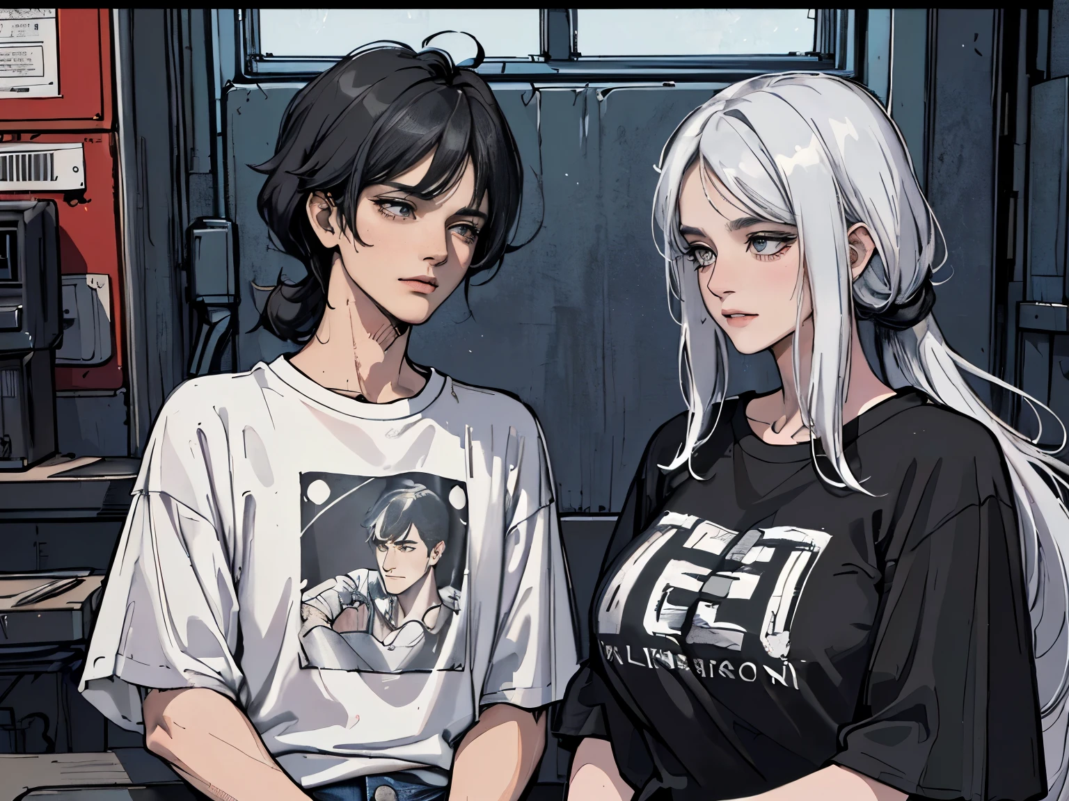 ((best quality)), ((Work of art)),((detailed)), woman, long brown hair, fringe, smoking cigarette, with friend, man, young man, short white hair, smoking cigarette