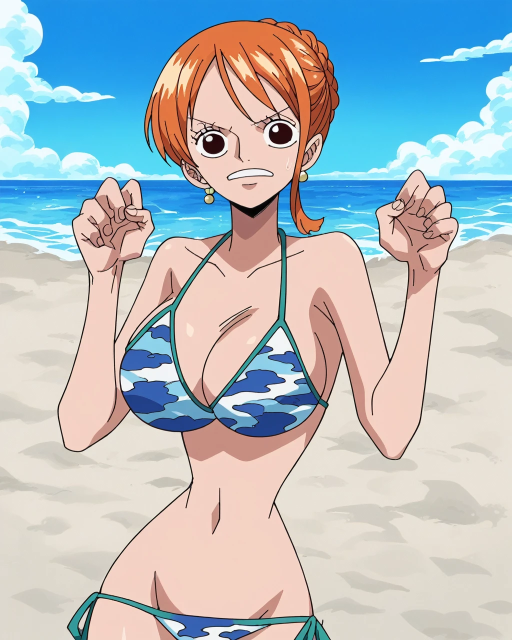  score_9,  score_8_up,  score_7_up,  score_6_up, sauce_Anime, Anime_ style , 2D, We,  one piece We,  beach ,  1 girl, Alone,  Big Breasts ,  bikini,   shorthair , The sunlight is dazzling、 beach パラソル　Middle-aged man　Sneaking up　Harassment　 gravure pose