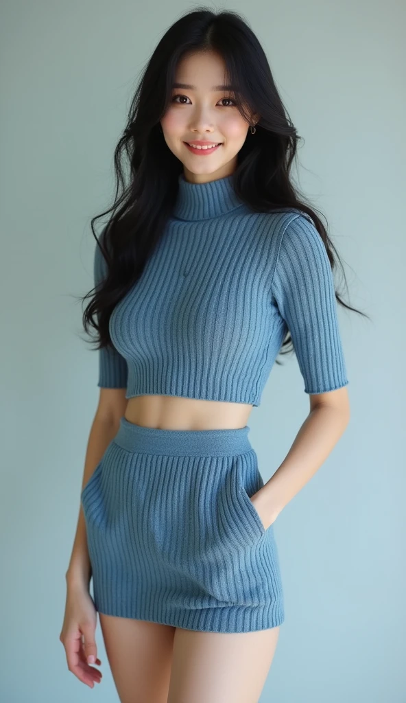 Araffada woman in a blue dress standing by a window., Blue suit, blue turtleneck, wearing a sexy crop top, blue tight t-shirt, wearing simple, tight clothing, Style of Julia Razumova, pale Blue suit, in a blue qipao, tight suit, cute young girl full body, blue sweater, Ultra high quality model