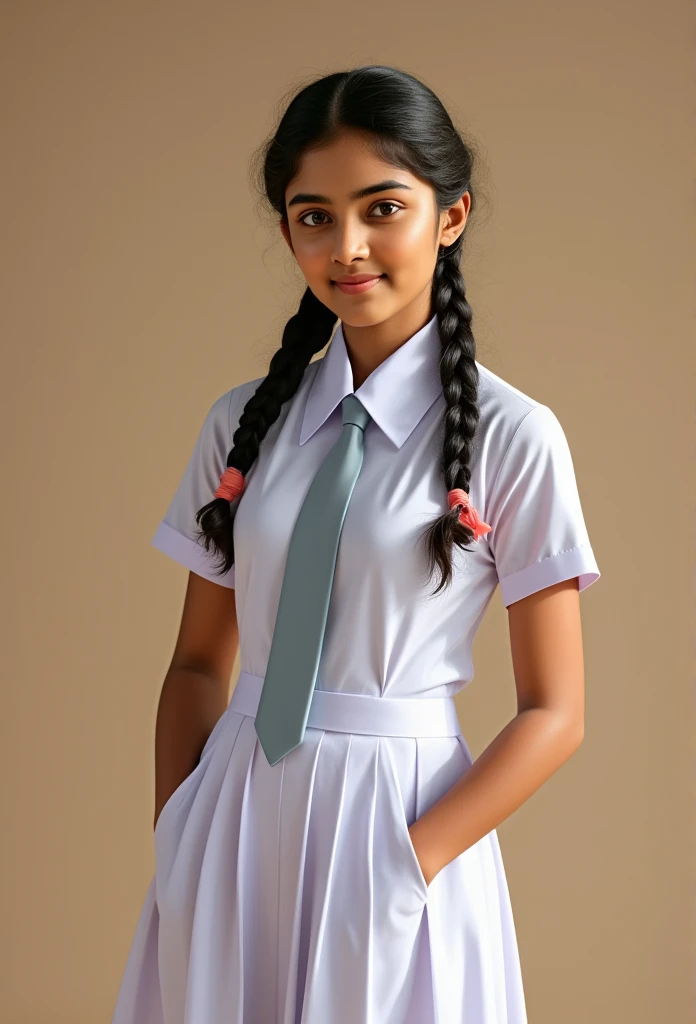 a beautiful cute sri lankan 1 schoolgirl,putting hands in pockets of the frock, wearing a white frock uniform with pockets, big breasts, white shoes, white socks, full body, braided black hair with plait, with friends, highly detailed, hyper realistic, 8k, photorealistic, masterpiece, studio lighting, cinematic lighting, vibrant colors, intricate details, sharp focus, 3d, volumetric lighting, dynamic pose