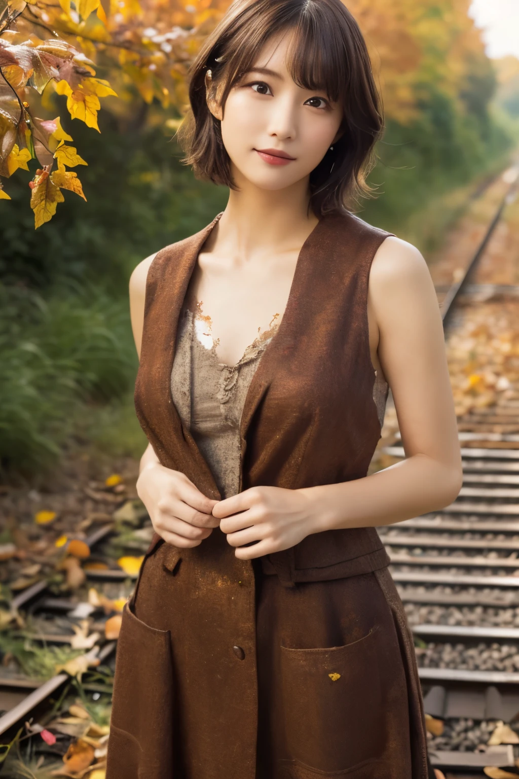 1 girl, Very Beautiful Portraits of Japanese Idols, (Fashionable fall outfits:1.2),
(RAW Photo Best Quality), (Realistic, Realistic:1.4), (masterpiece),
very detailed , 2k wallpaper, wonderful, finely, very detailed , CG Unity 8k Wallpaper , very detailed , high definition , Soft light,
Beautiful Girl Carefully Drawn in Every Detail , very detailed な目と顔, Beautiful and Elegant Nose , beautiful beautiful eyes, Movie Lighting,
(Bromide photography ), (short hair), (A shy smile:0.8), ( standing on the ruins of a rough railway:1.2), ( covered with weeds and rusted railroad tracks , Decayed sleeper :1.3), (autumn leaves),
perfect anatomy, Slender body, smaller breasts, Thin legs, whole body