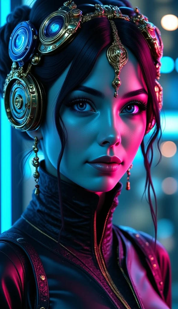 
Futuristic scene featuring an individual with an illuminated headpiece resembling a mix of advanced technology and cosmic imagery. The headpiece is integrated with what appears to be digital and neural connectors, glowing with vibrant blue and purple hues. The environment is dark, accentuating the luminous details of the apparatus, creating a high-tech and surreal atmosphere.