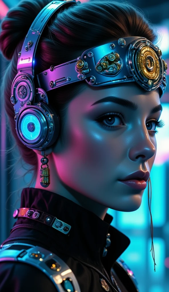 
Futuristic scene featuring an individual with an illuminated headpiece resembling a mix of advanced technology and cosmic imagery. The headpiece is integrated with what appears to be digital and neural connectors, glowing with vibrant blue and purple hues. The environment is dark, accentuating the luminous details of the apparatus, creating a high-tech and surreal atmosphere.