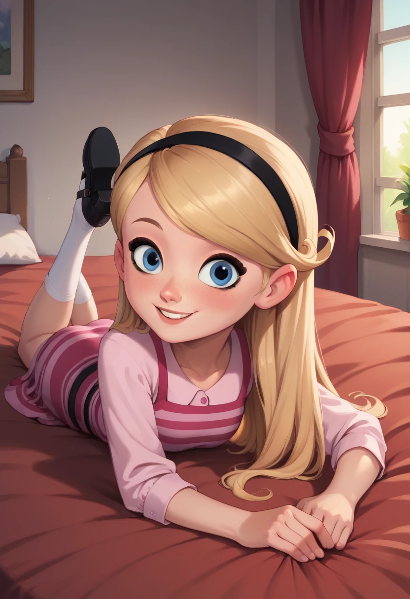 1girl, full body, solo, penny peterson, long hair, blue eyes, freckles, blonde hair, skirt, hairband, black hairband, white socks, dress, pink dress, long sleeves, mary janes, looking at viewer, light blush, smile, perky, cute smile, indoors, bed, bedroom, straight-on, lying, on stomach, showing her butt