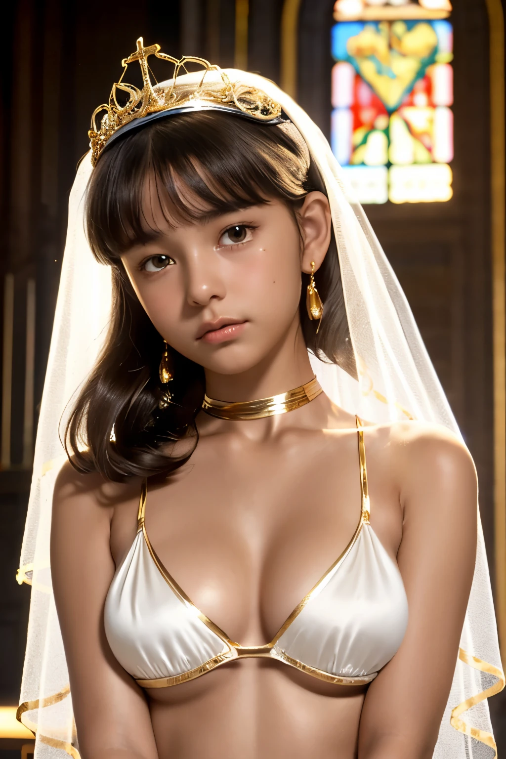 best quality, masterpiece, young french girl, (13yo:1.4), ((tanned skin)), (silhouette lighting:1.1), (upper body:1.5), medium hair with bangs, medium breast, hourglass figure, oily skin, (white silk micro bikini with gold accents:1.2), (underboobs:1.4), ((tiara, face veil), hands down, at church